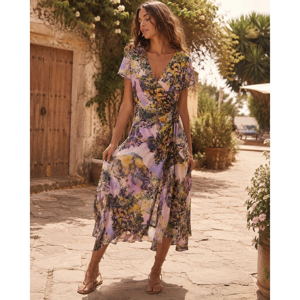 Soft Surroundings Purple Floral Faux Wrap Maxi Dress Medium Short Sleeve Stretch